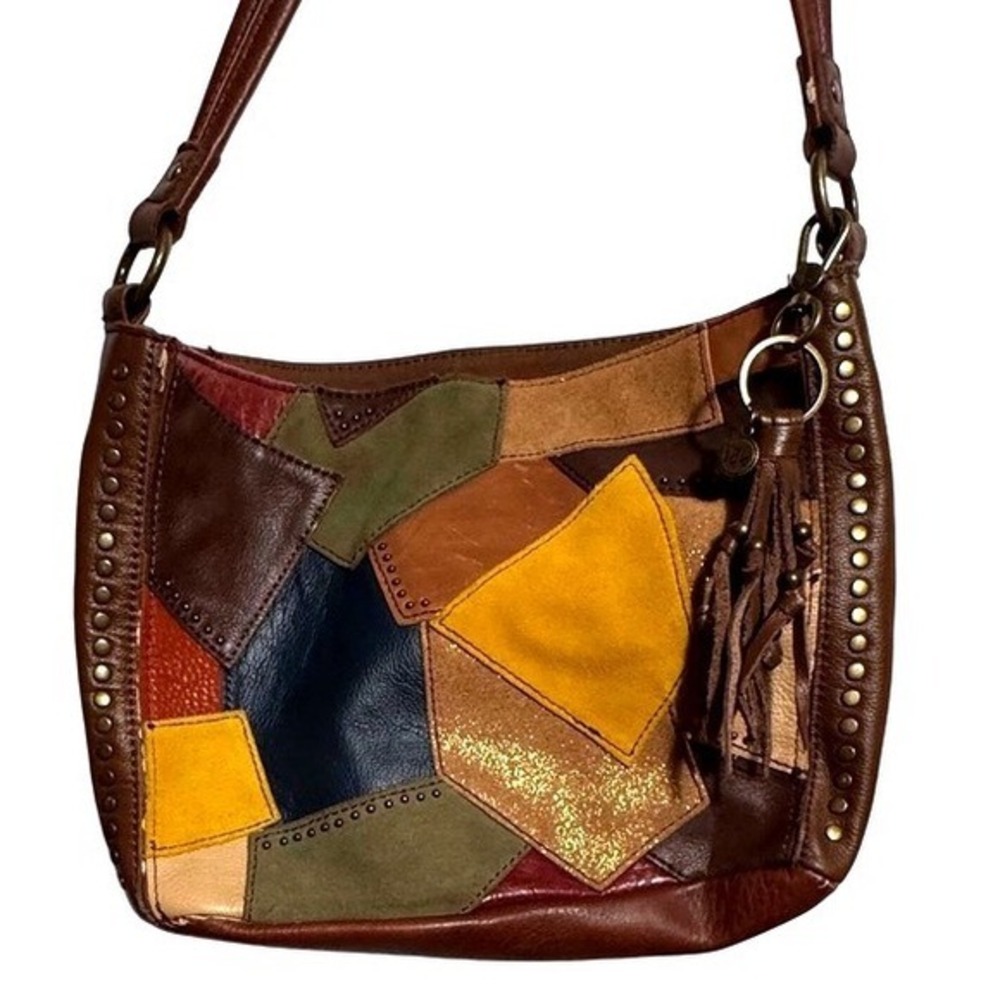The Sak Multi Patchwork Leather Western Boho Studded Tassel Hobo Shoulder Bag